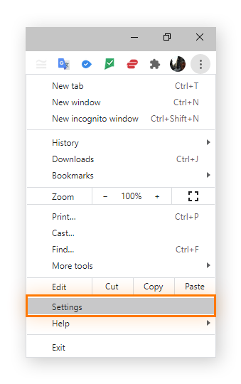  Google Chrome is open, the user has clicked the three-dots menu in the upper-right, and Settings is highlighted.