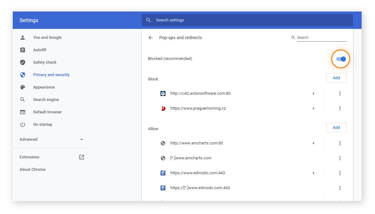 In the "pop-ups and redirects" settings in Chrome, the toggle next to "Allowed" is in the on position.