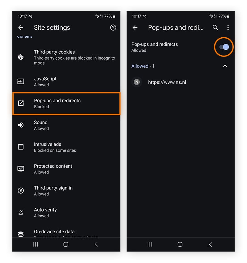 Allowing Chrome pop-ups on an Android.