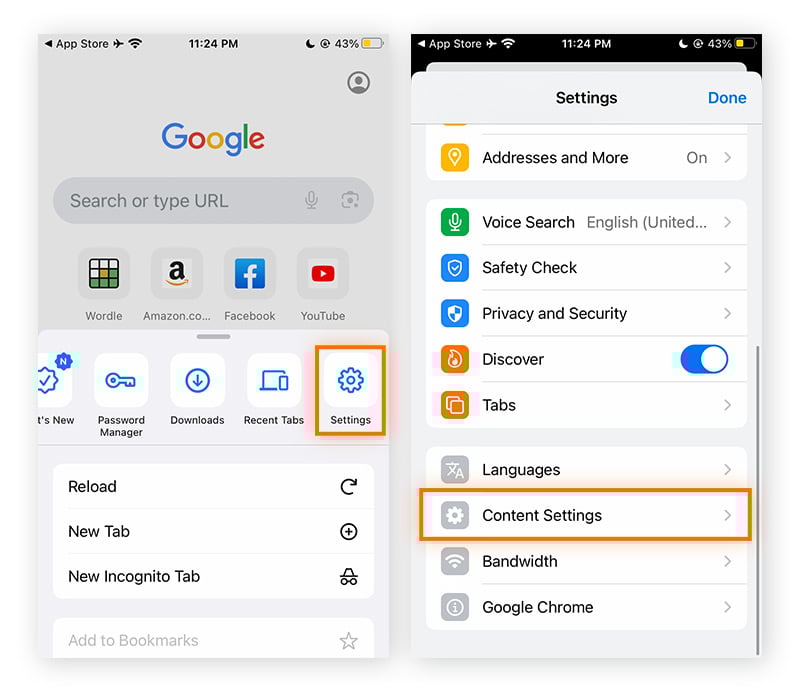 Settings in Chrome on iPhone with Content Settings circled.