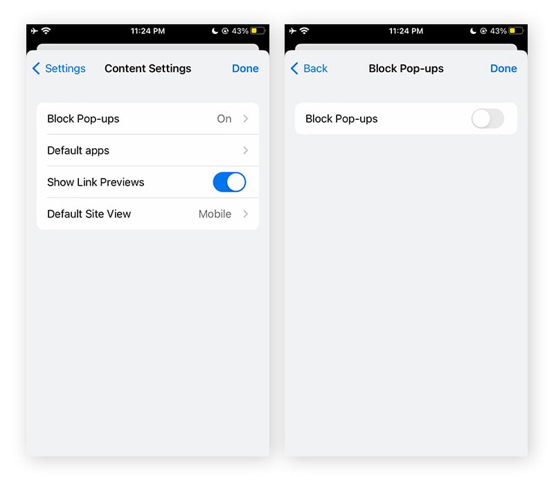The block pop-ups option in Chrome in iPhone. It's switched off.
