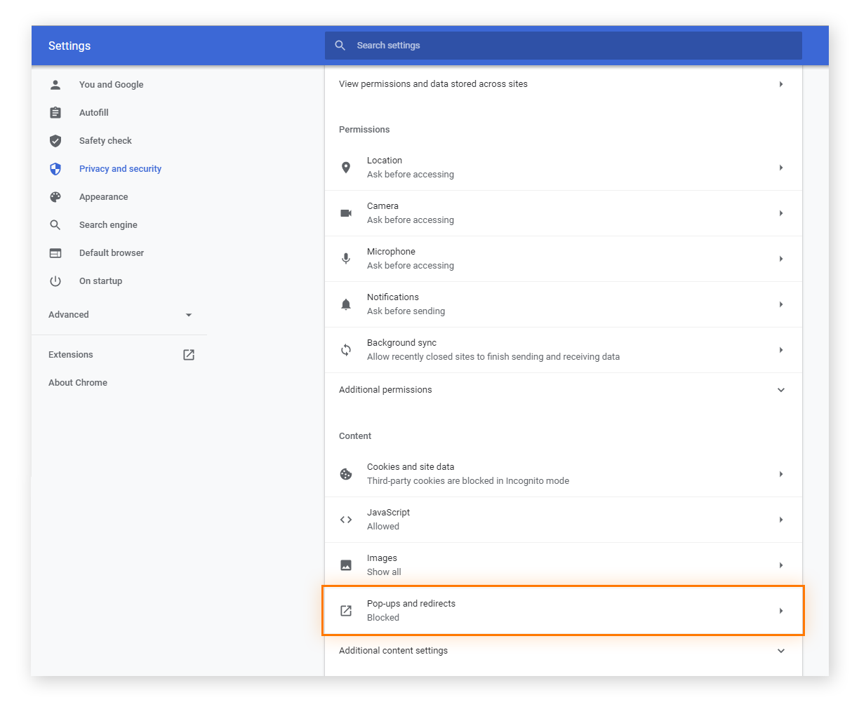 "Site settings" in "privacy and security" are shown with "pop-up and redirects" shown at the bottom.