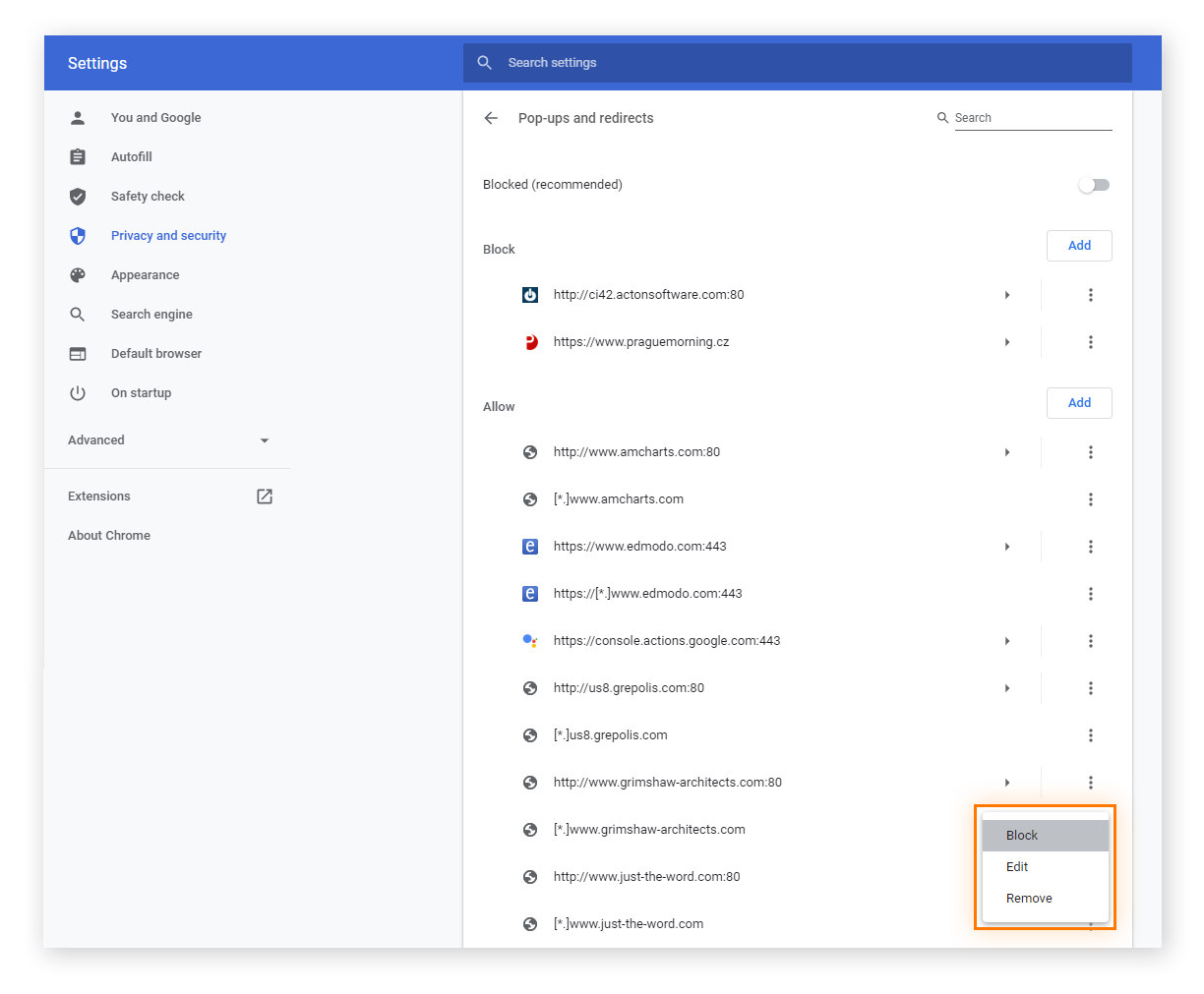 Blocking pop-ups on specific sites in Chrome.