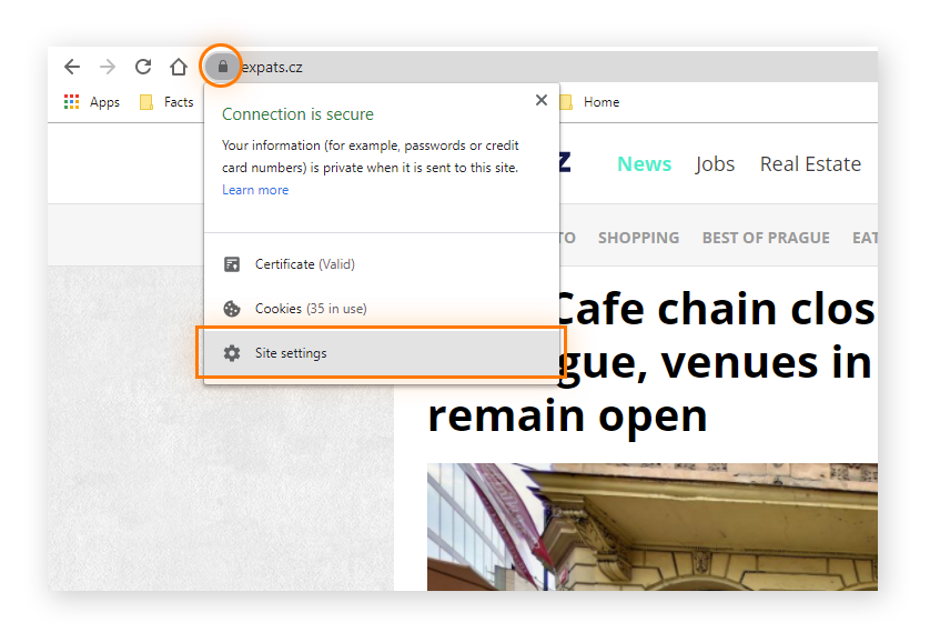 The user has clicked the padlock icon next to the URL and highlighted "Site settings."
