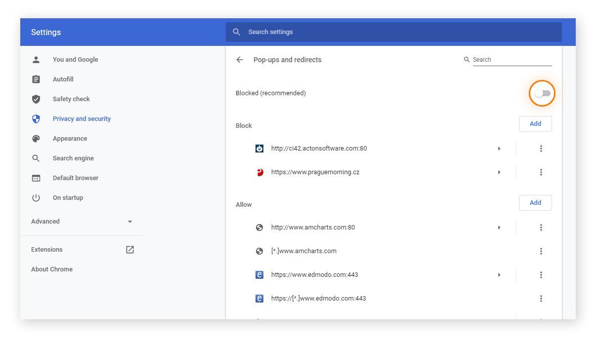 "Pop-ups and redirects" settings in Chrome, with "Blocked (recommended)" being the current setting.