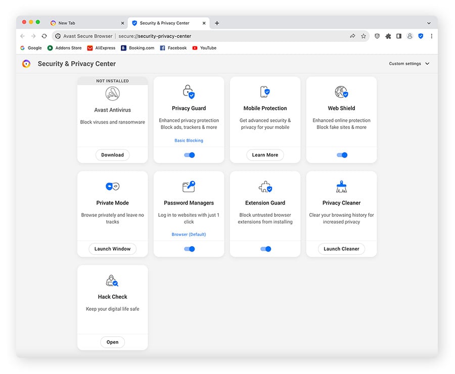 The Security & Privacy Center in Avast Secure Browser