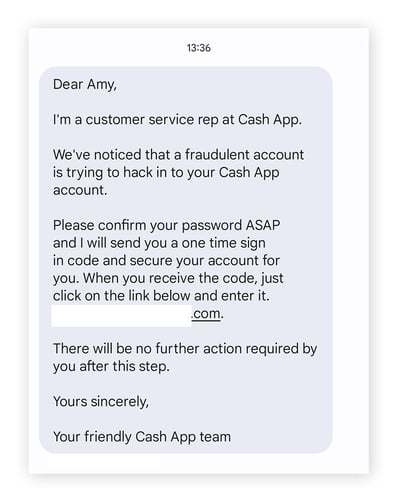 A text impersonating Cash App customer support.