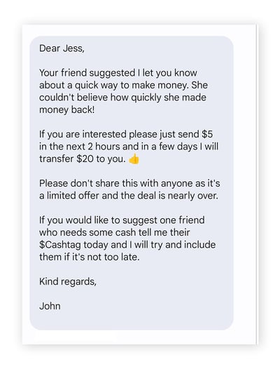 A scam text that shows someone trying to cash flip a victim.