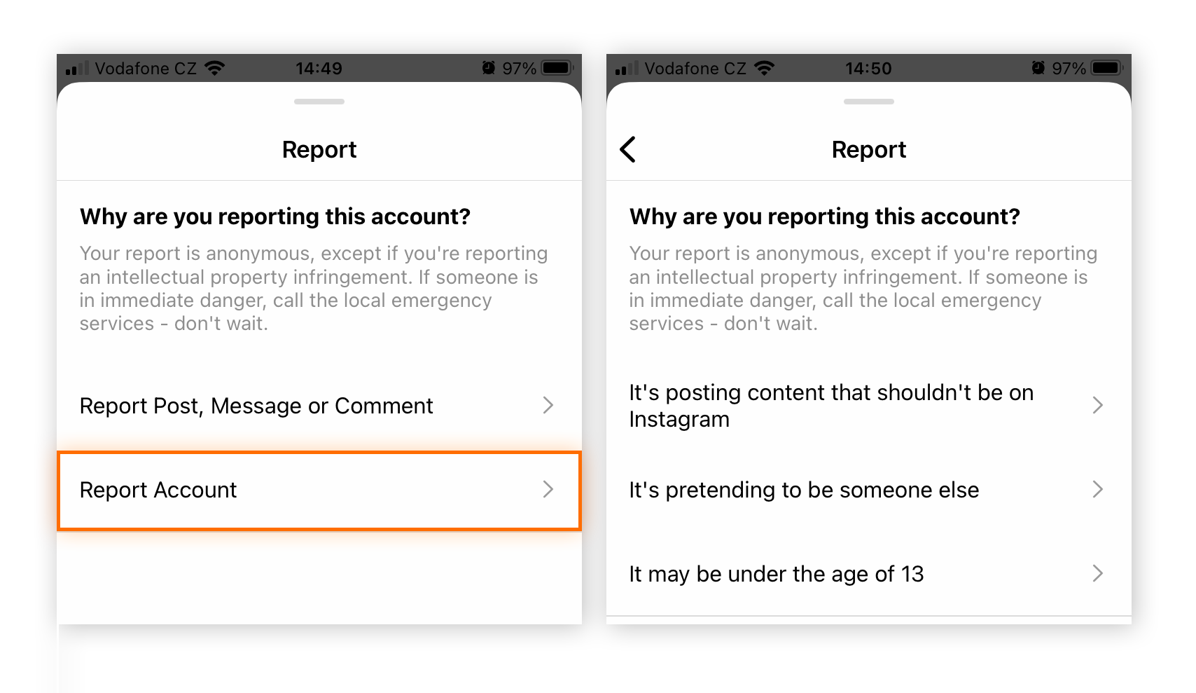 Para denunciar a maioria dos golpistas do Instagram, escolha Denunciar conta > Está fingindo ser outra pessoa.