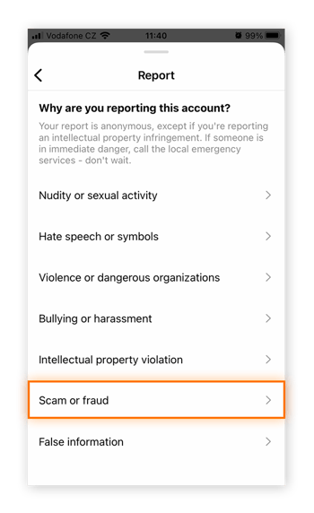 Ao denunciar um golpista do Instagram, selecione Golpe ou Fraude como motivo.