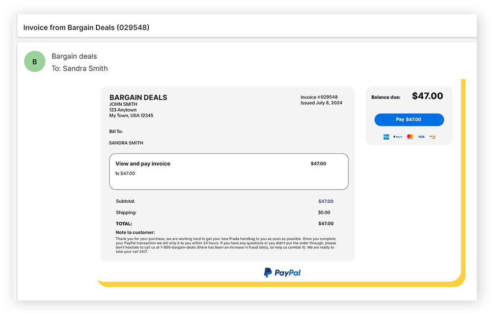 Ein PayPal-Rechnungsscam über E-Mail.