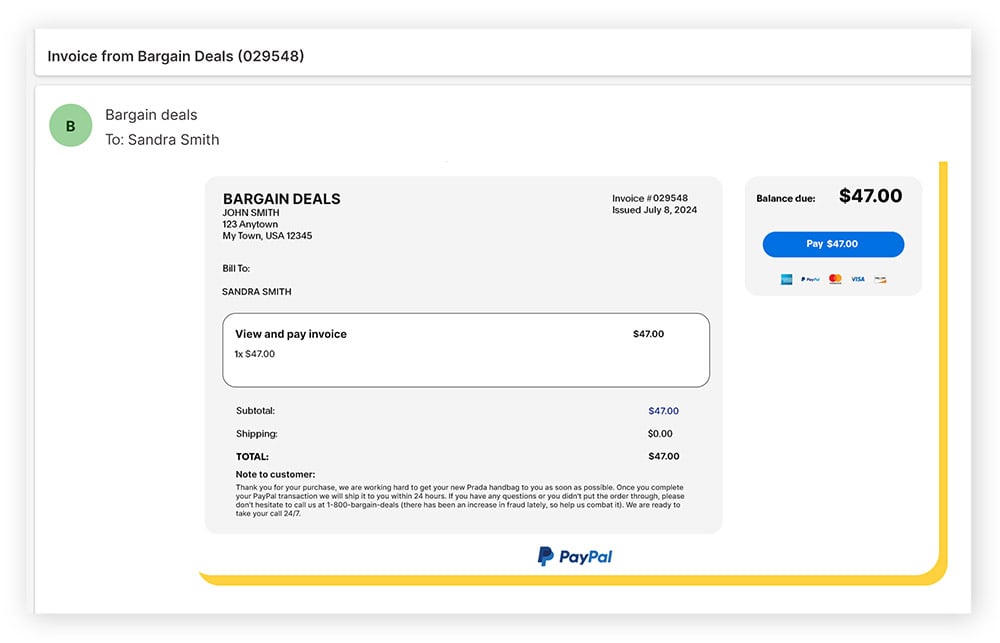 Fake PayPal invoice scam sent by email.