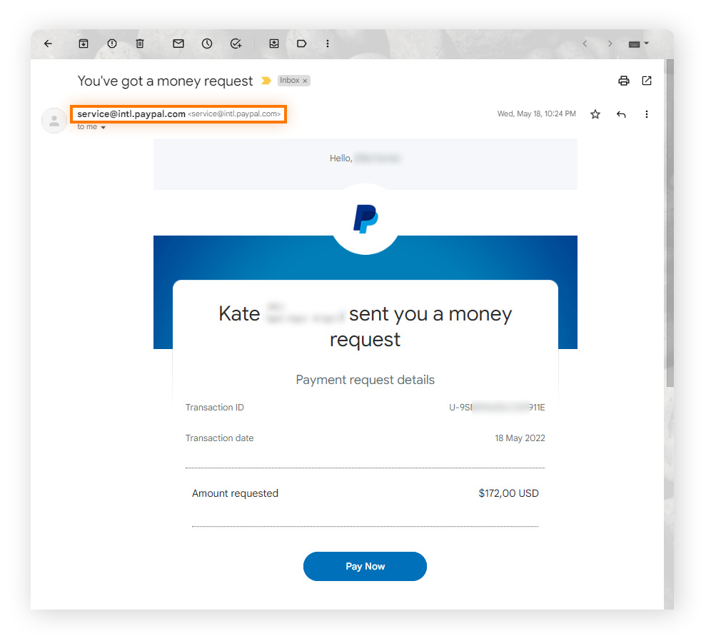 Example of a PayPal money request from a fake email address.