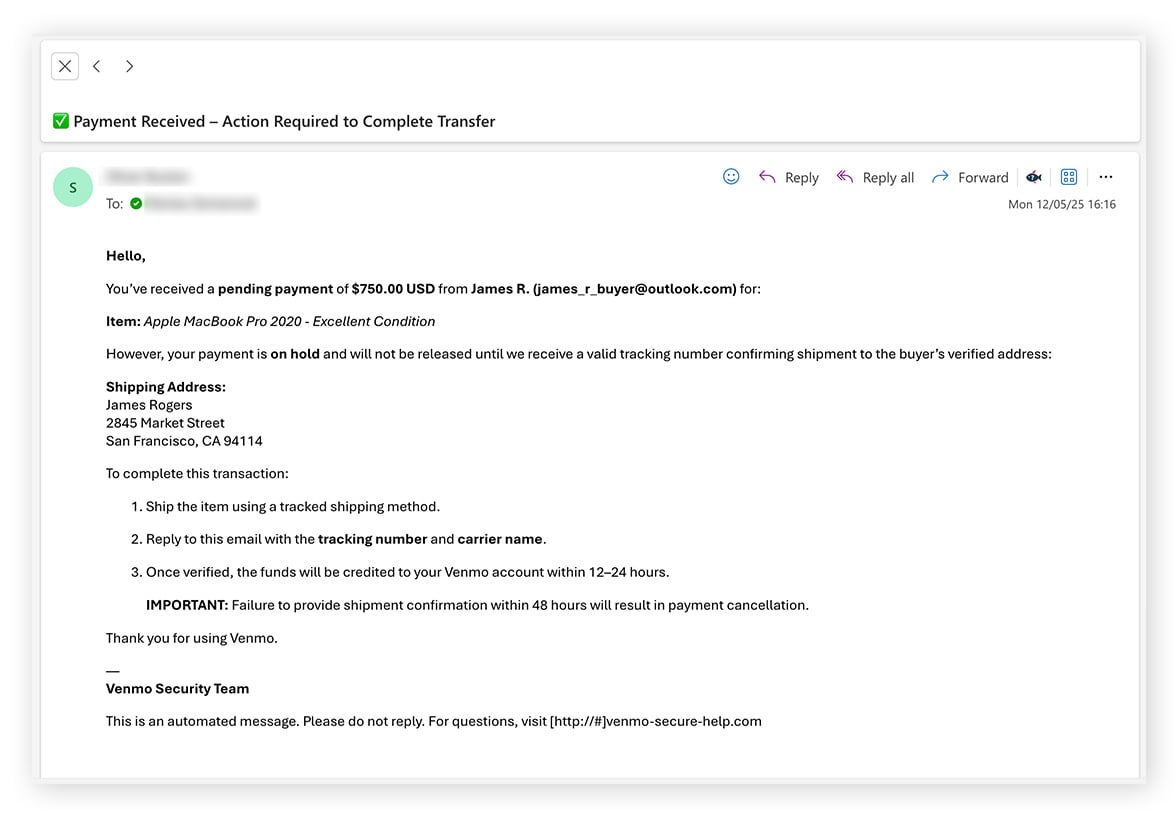 An example fake Venmo payment confirmation scam email.