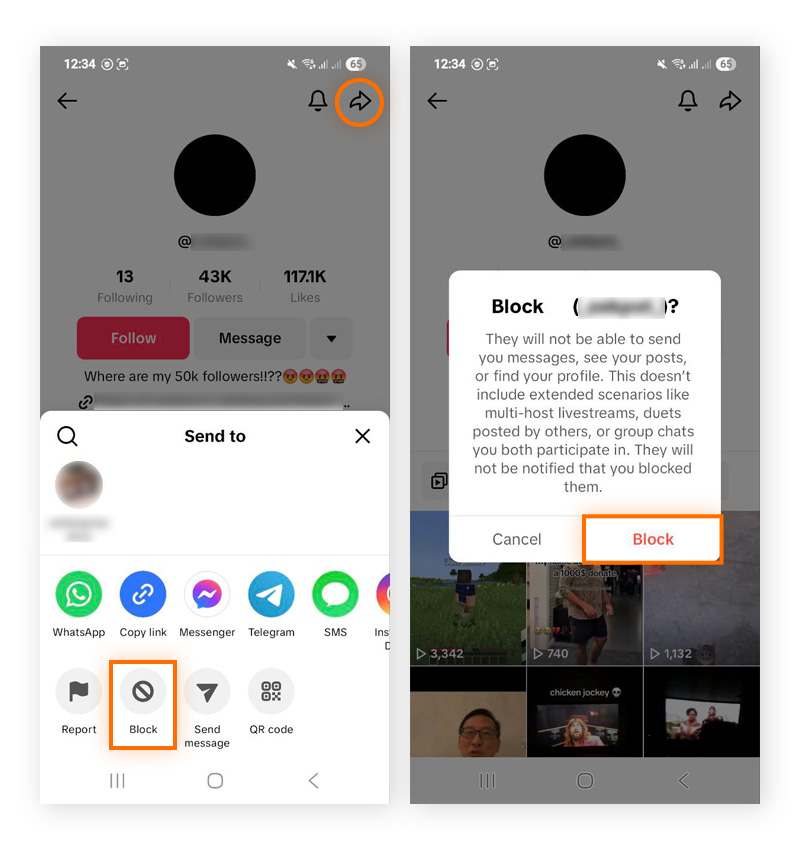 A screenshot showing a TikTok user profile and how to block them.