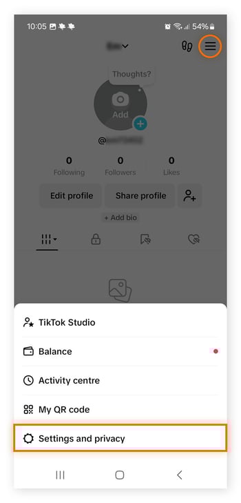 Opening your TikTok settings to view blocked accounts.