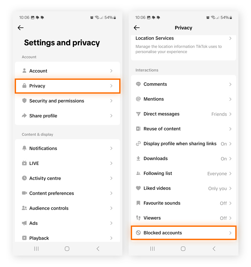 Settings and privacy options on TikTok, where you can see TikTok accounts you've blocked.