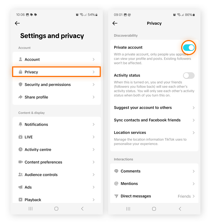 Settings and privacy options on TikTok, with the private account toggle highlighted.