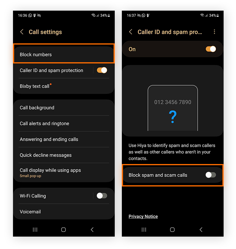 En appuyant sur Bloquer les numéros, vous pouvez activer la fonction Bloquer les appels indésirables et frauduleux