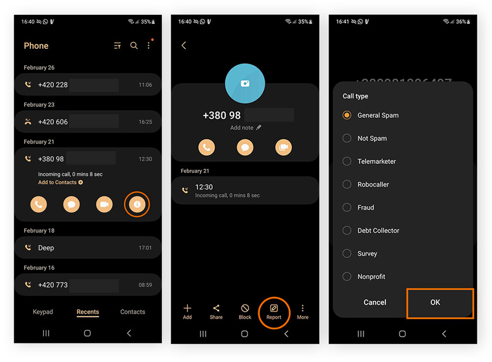 Reporting individual spam callers in settings on Android.
