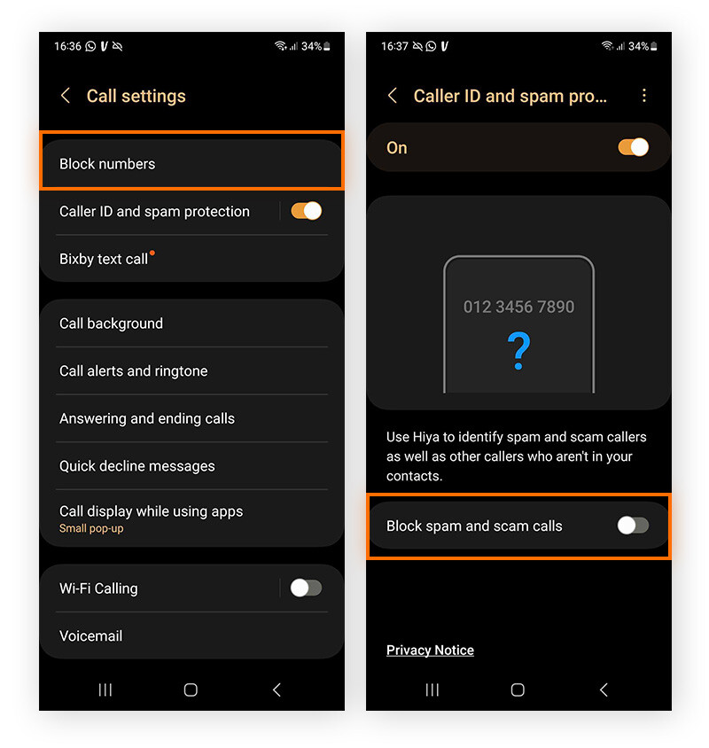 Tapping Block Numbers will let you toggle on Block Spam and scam calls on Android.