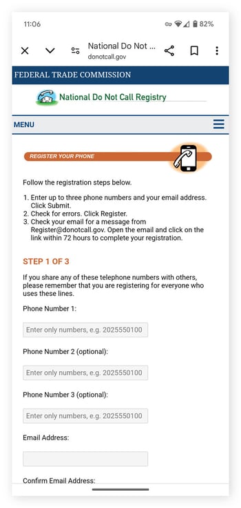 National Do Not Call registry form on Google Chrome for Android.
