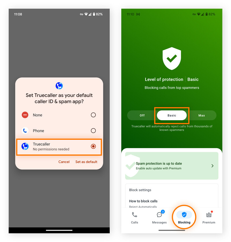 Truecaller caller ID & spam permissions and blocking features in the Android app.