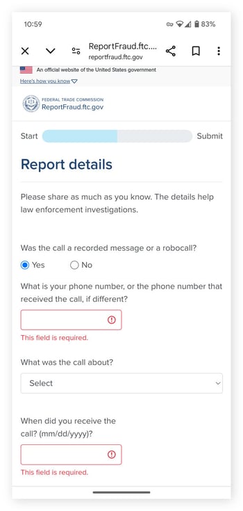 Reporting spam callers to FTC via Google Chrome on Android.