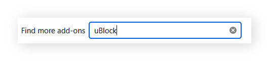 Searching for "uBlock" in Firefox add-ons.