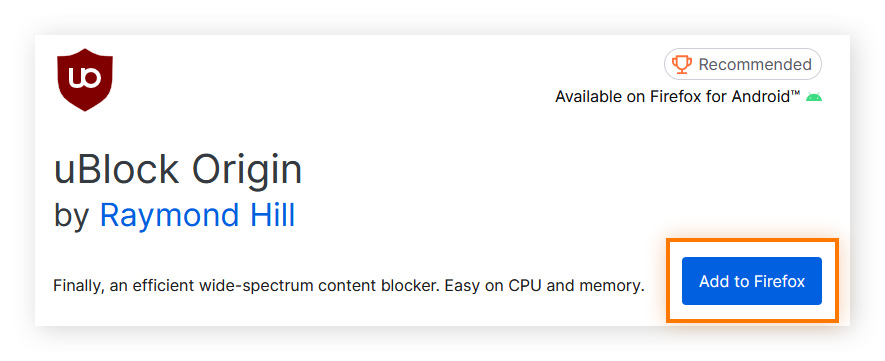 uBlock Origin in Firefox add-ons.