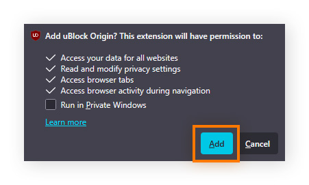 Prompt for permission to add uBlock Origin in Firefox.