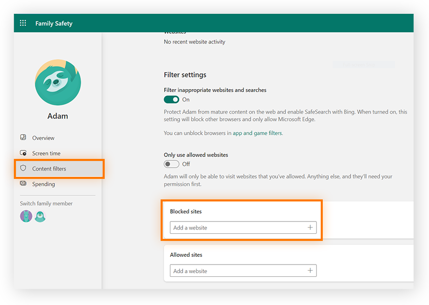 adicione o URL do site para bloquear um site nas configurações de segurança familiar do Windows