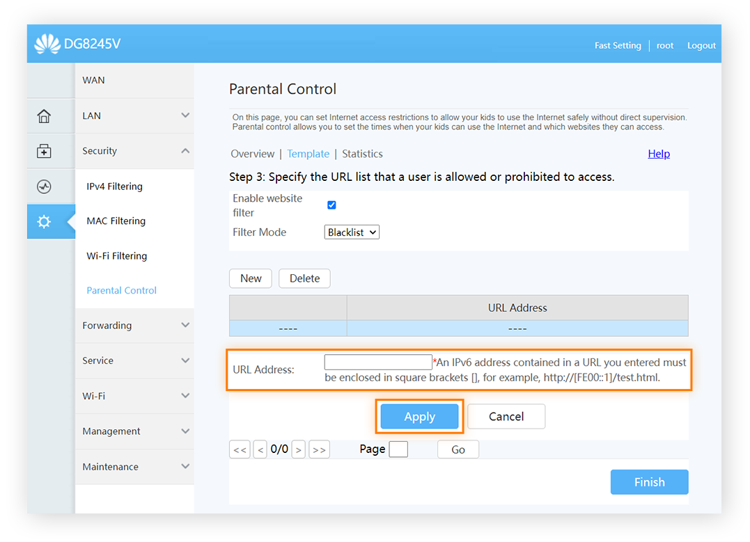 adicione o URL dos sites que deseja bloquear por meio das configurações do roteador wi-fi