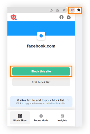 Clique no ícone de quebra-cabeça e, em seguida, no logotipo do BlockSite e em Bloquear esse site.