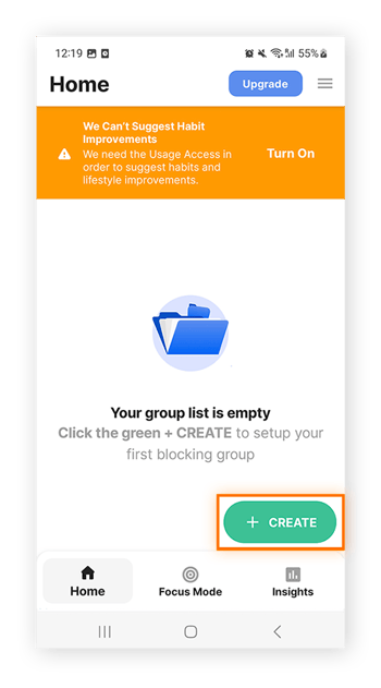  Clique em + CRIAR para adicionar um site que você deseja bloquear
