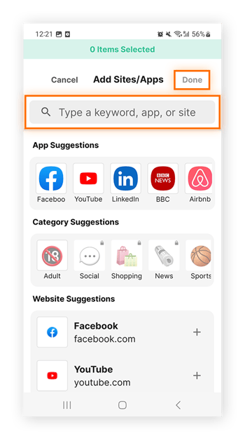 Saisissez l’URL d’un site web, un mot-clé ou le nom d’une application, puis appuyez sur Terminé
