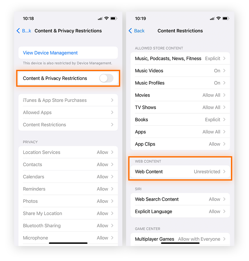 Activez l’option Activer les restrictions et accédez à Contenu web