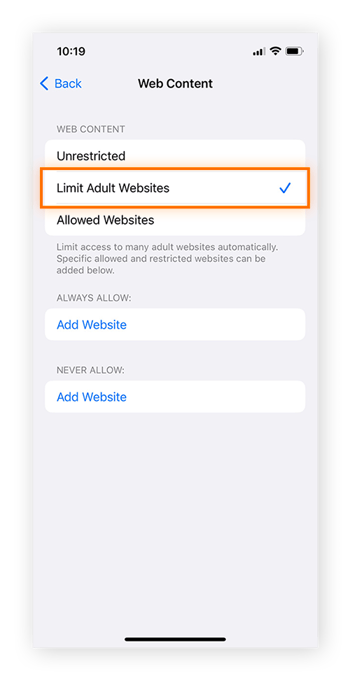 Toque em Limitar Sites Adultos