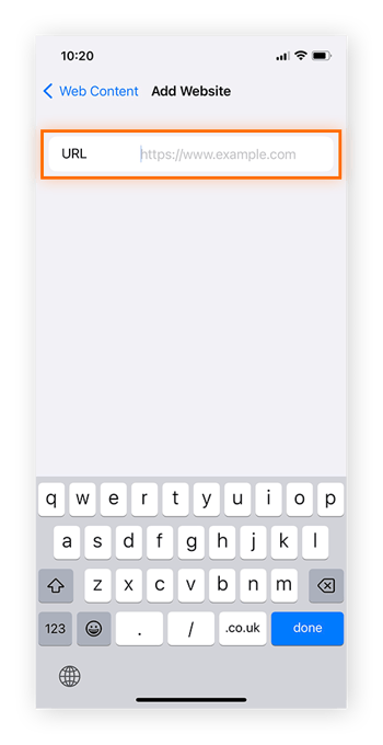 Digite o URL que você deseja restringir
