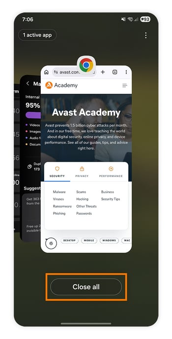  Android screen showing the overview of open apps, with the Close All button highlighted.