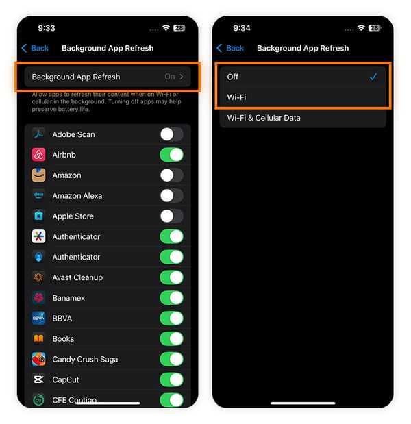 iPhone Background App Refresh menu with toggles to enable or disable background data for each app.