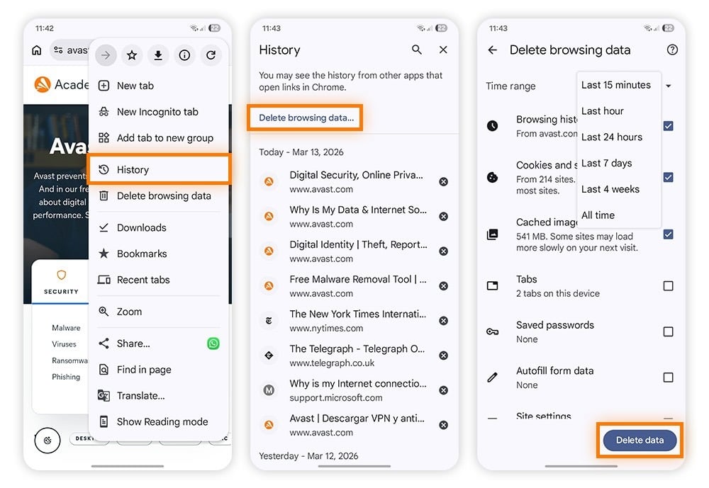 Chrome browser screenshots showing how to delete history:  "History" selected, and "Delete browsing data" screen with options to delete data.