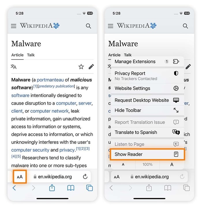 Safari browser on iPhone showing the "aA" menu in the search bar, and the "Show Reader"option highlighted on the menu.
