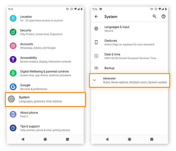 To reset network settings on Android start by going to System, then Advanced.