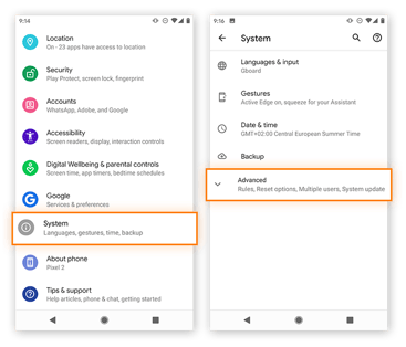 Pour réinitialiser les paramètres réseau sur Android, commencez par aller dans Système, puis Avancé.