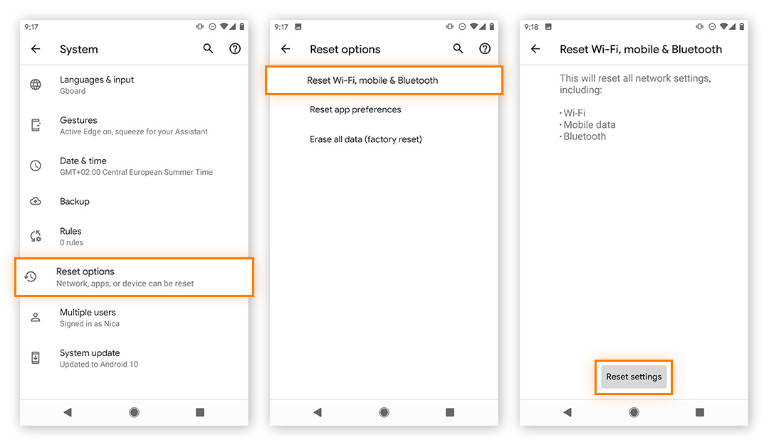 Tap Reset options then Reset Wi-Fi, mobile & Bluetooth, followed by Reset settings.