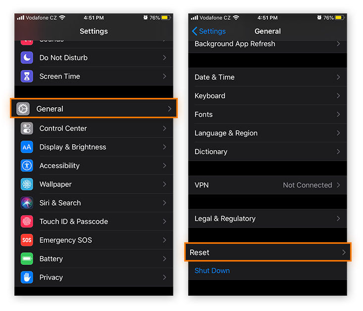 To reset network settings on iPhones start by going to Settings, General, Reset.