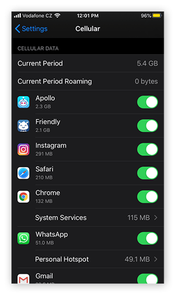 Toggle off next to any apps you don't want to use your Cellular data.