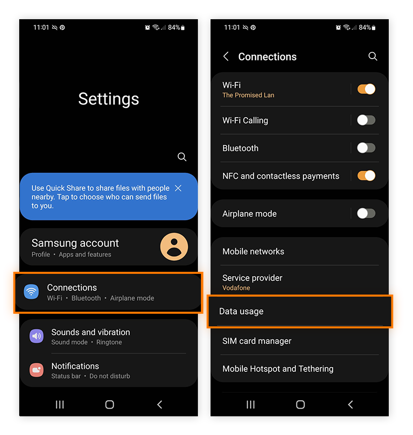 To activate Data Saver on Android start by going to Connections, then Data usage.