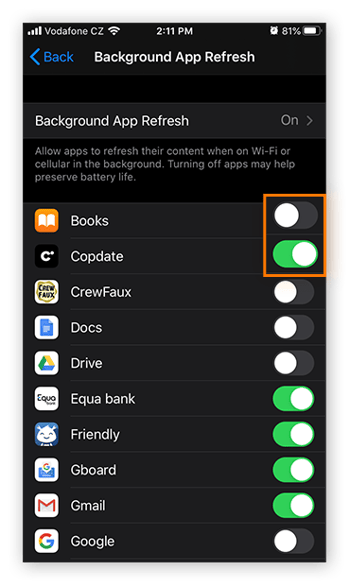 Toggle the switch off next to the relevant apps.